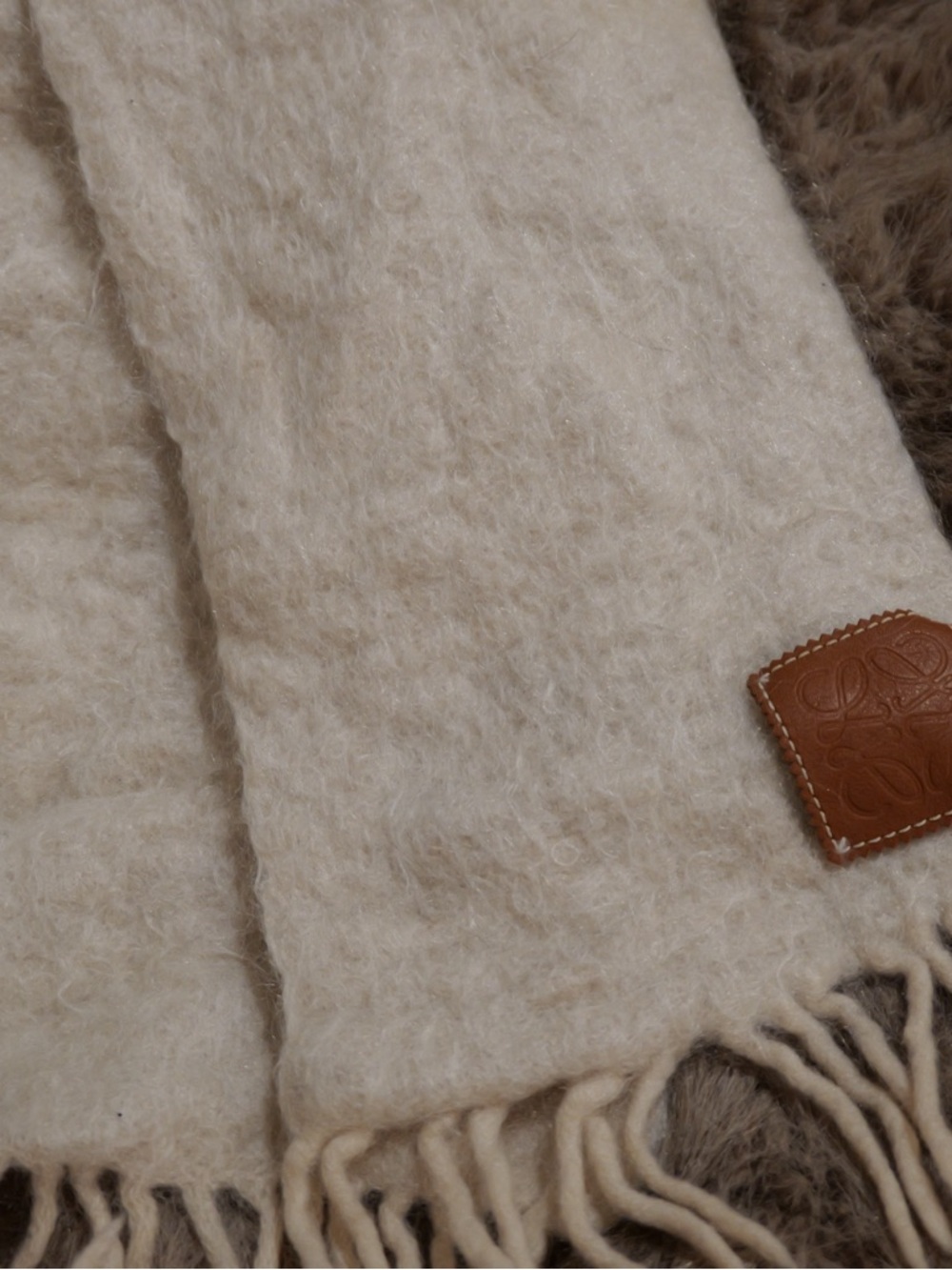 Loewe Cream Wool Fringe Scarf with Leather Logo Patch